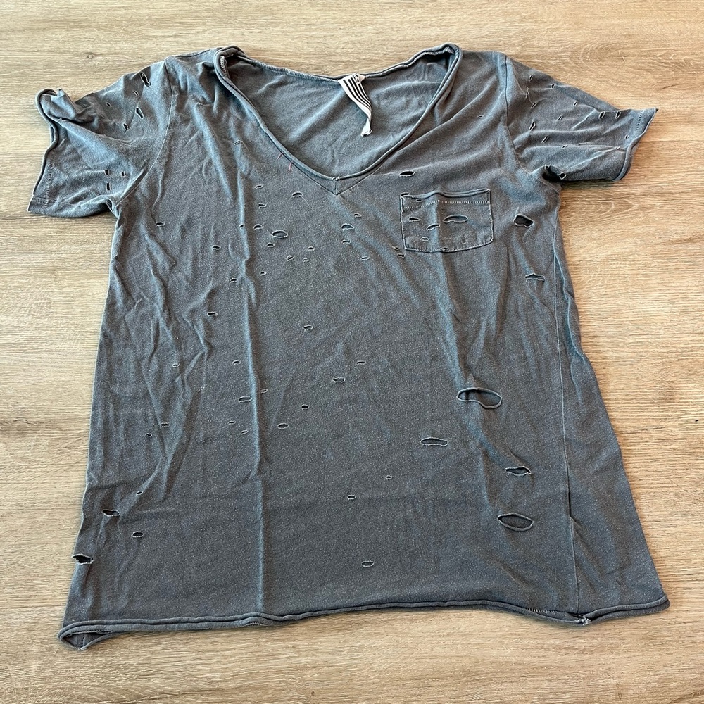 Free People Grey Distressed Short Sleeve T-Shirt